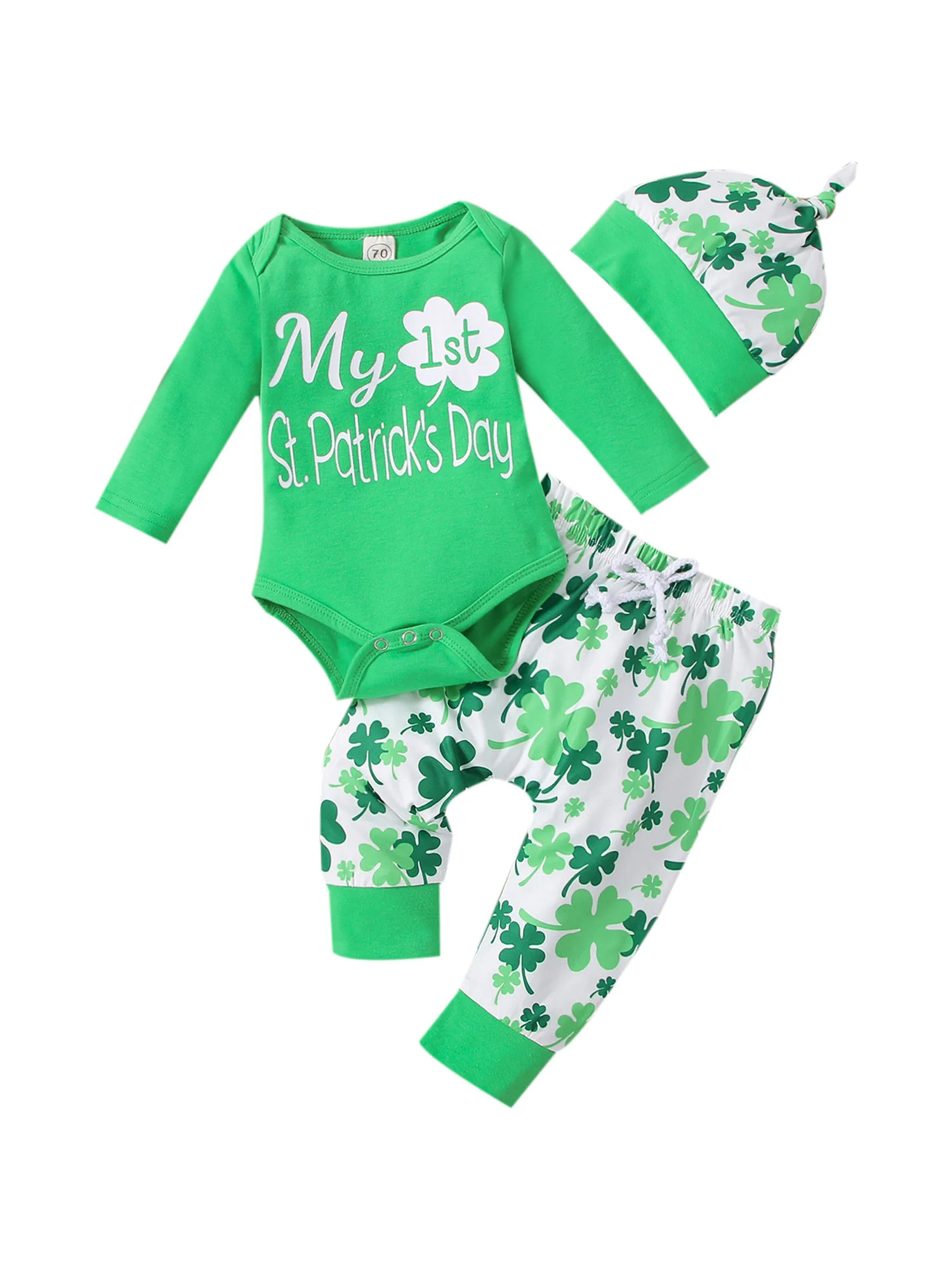 

3 Pcs Newborn Casual Outfits, Infant Letter Print Long Sleeve Round Neck Bodysuit + Tie-up Clover Print Trousers + Knotted Cap