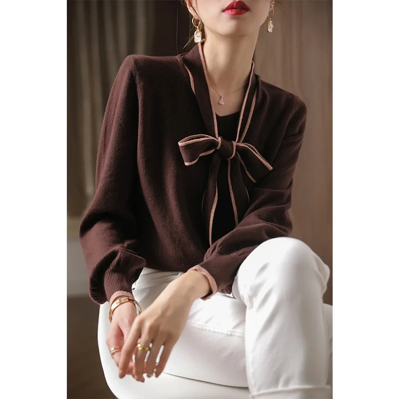 

Women Clothing 2023 New Fashionable Spring Autumn French Style V Neck Bow Design Sense Lantern Sleeve Loose Knit Sweater Shirt