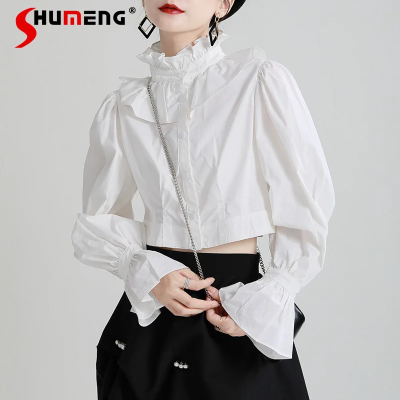 

2022 Early Spring New High Waist Short Shirt Court European Style White Blouse Lantern Sleeve Stand Collar Ruffle Tops for Women