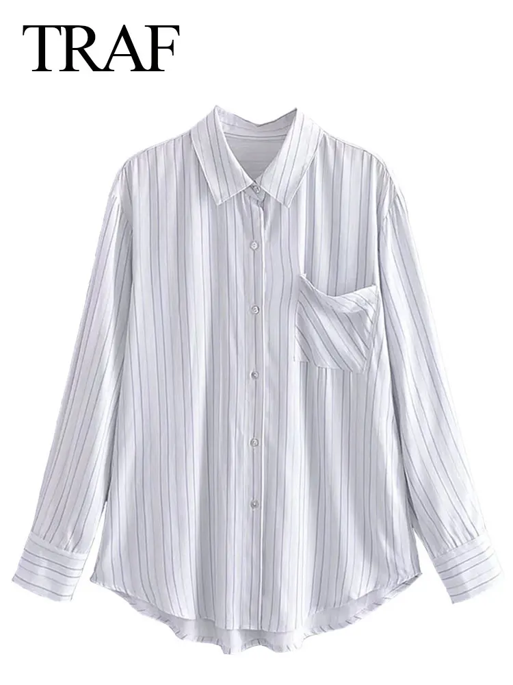 

TRAF White Pinstripe Print Shirt Versatile Premium Skin-Friendly Blouse Fashion Long Sleeve Single Breasted Lady Shirt New