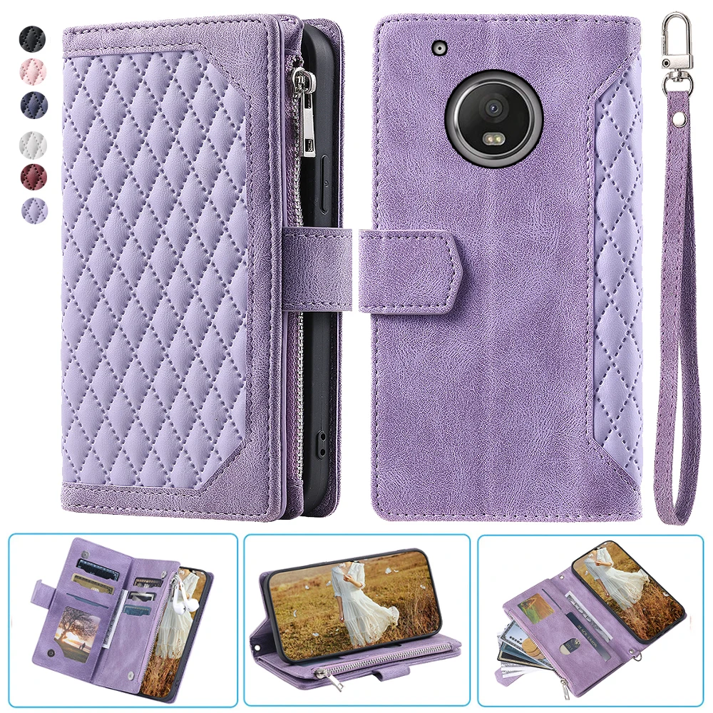 

For MOTO G5 Plus Fashion Small Fragrance Zipper Wallet Leather Case Flip Cover Multi Card Slots Cover Folio with Wrist Strap