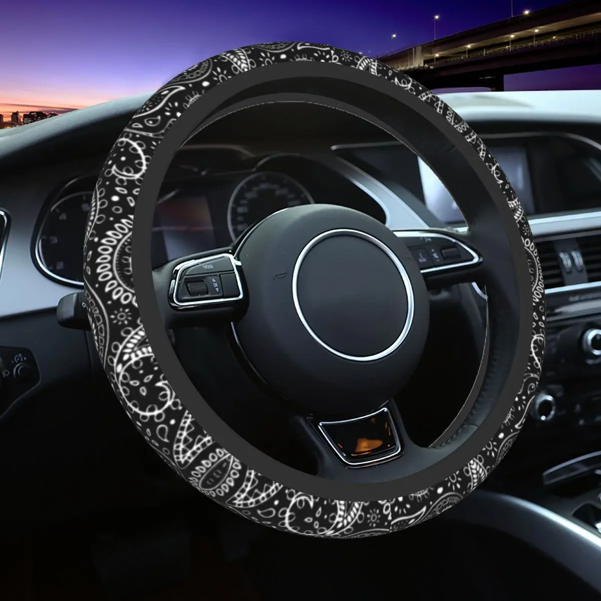 

37-38 Car Steering Wheel Cover Pretty Bohemian Art Paisley Black And White Universal Boho Auto Decoration Automobile Accessory