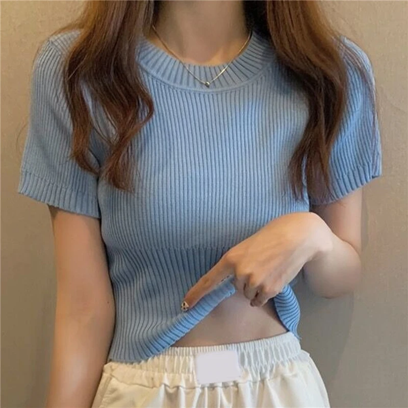 

Summer Slim Thin Round Neck Solid Color Knitted Short-sleeved Pullover T-shirt Spring And Autumn New Fashion Bottoming Top 2023