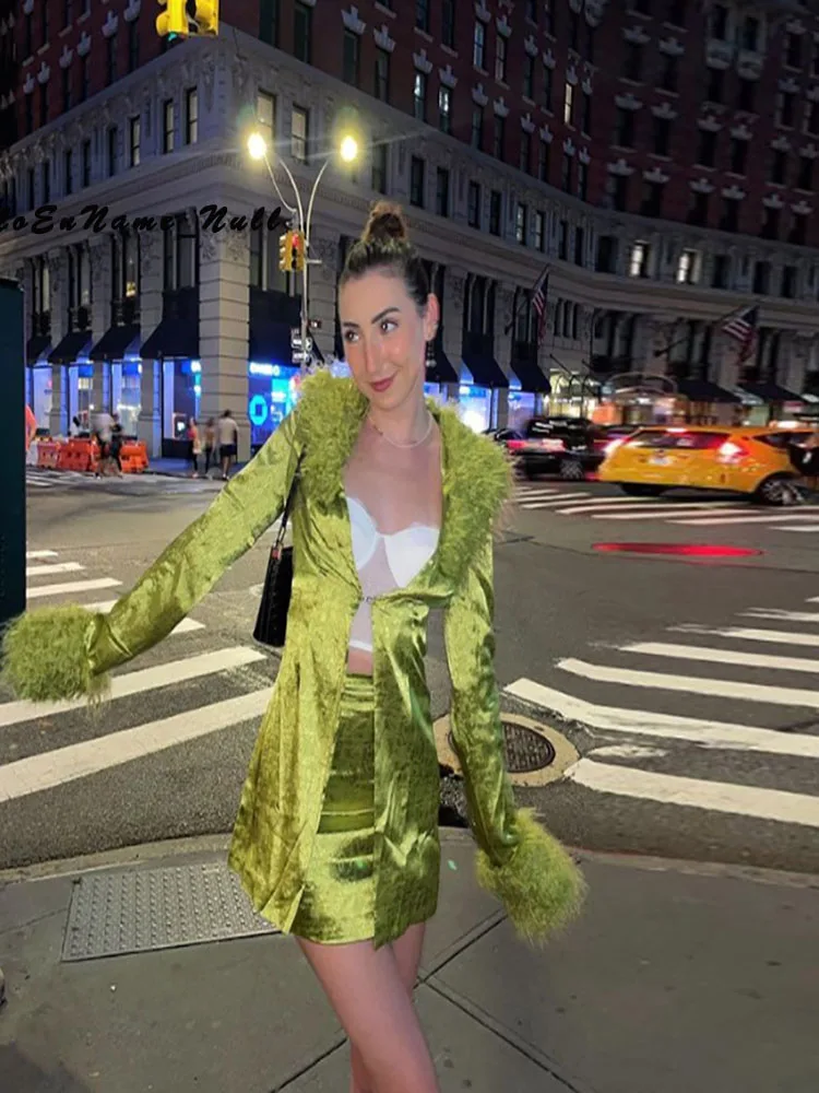 

Autumn Noble Patchwork Christmas Coat With Fluff For Women Punk Style Casual Green Tops Lady Sexy Trench All-matching Outwear