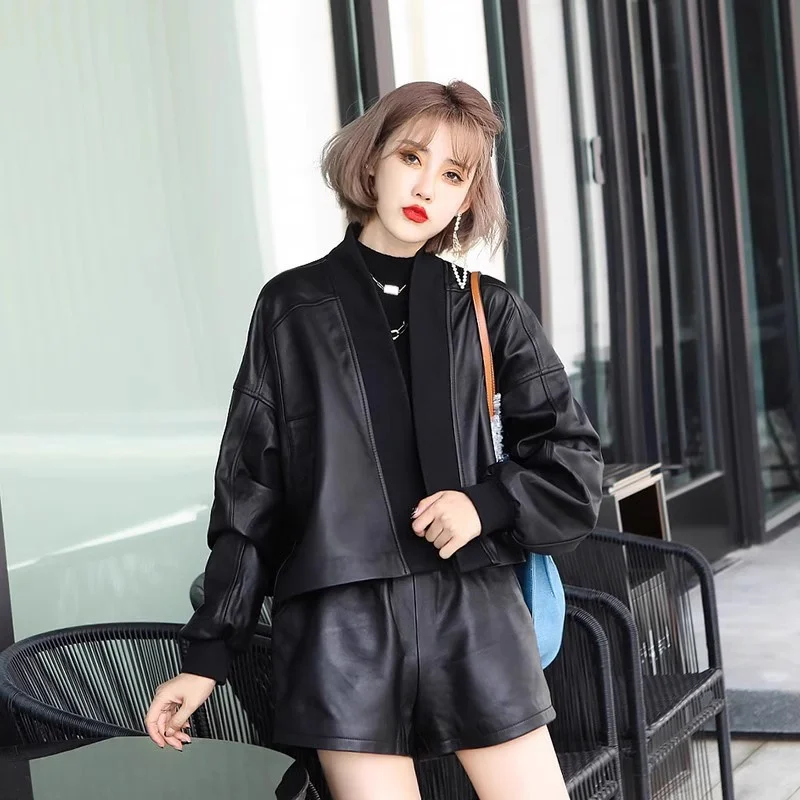 

Women's Casual Genuine Sheepskin Jacket Autumn Winter New Patchwork Loose Leather Jacket High Quality Short Sheepskin Coat