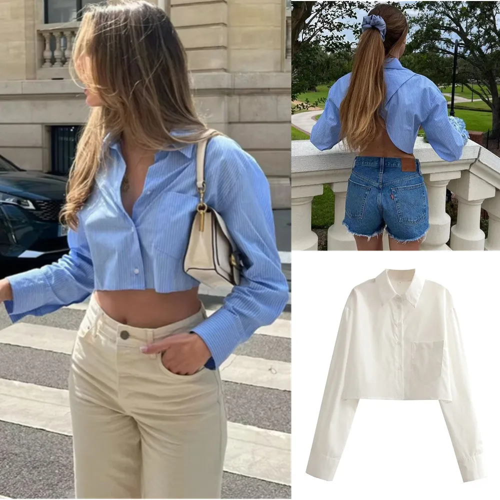 

2023 spring new women's casual white long-sleeved short shirt blue striped hollow top women's wholesale 3067041
