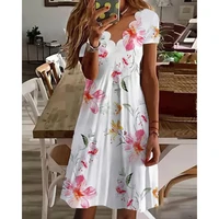 women floral print scallop trim v neck casual dress summer fashion femme short sleeve a line mini outfits streetwear robe clothi