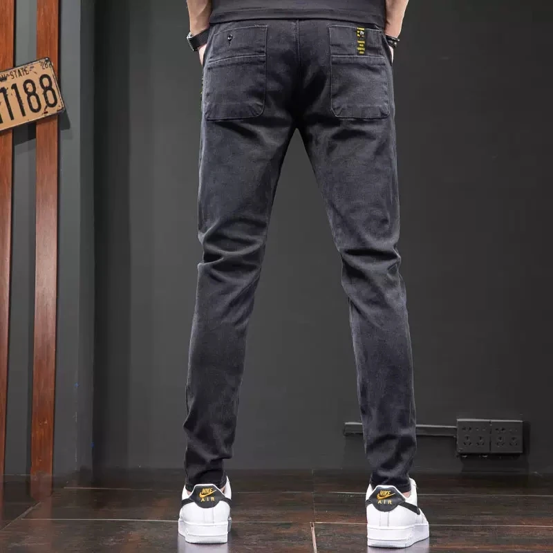 Men's Elastic Waist Black Jeans Casual Slim Fit Pencil Pants Fashion Korean Style Drawstring Denim Trousers CP2181