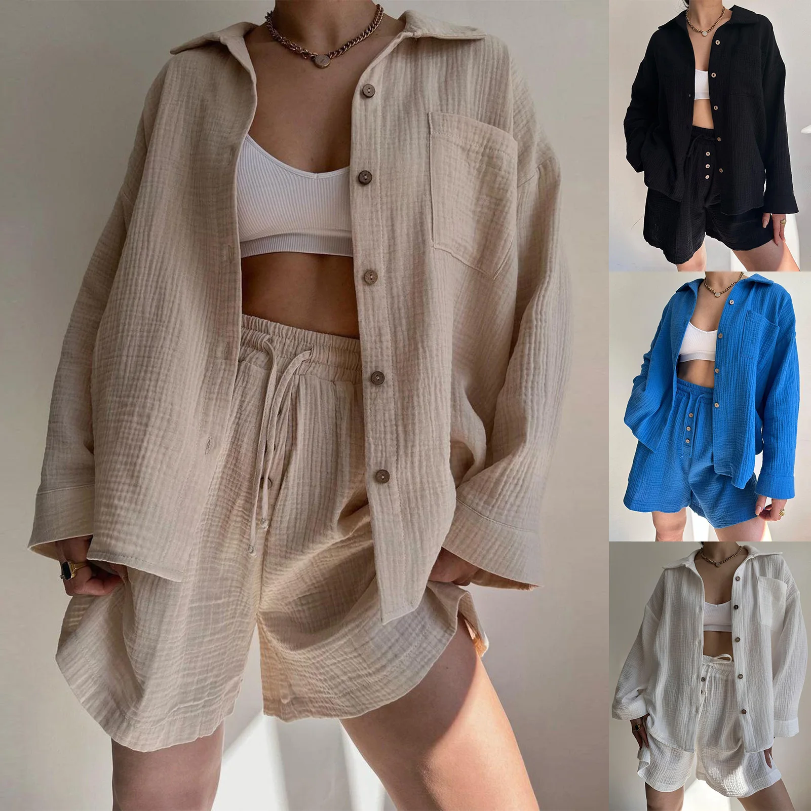 

Long Sleeve Shirt & Shorts Suit Loose Blouses & Drawstring Shorts Set Comfy Solid Color Lapel Top & High Waist Shorts Trendy Set