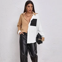 patchwork pocket single breasted chiffon shirts urban women casual commute shirts spring autumn all match loose leisure tshirts