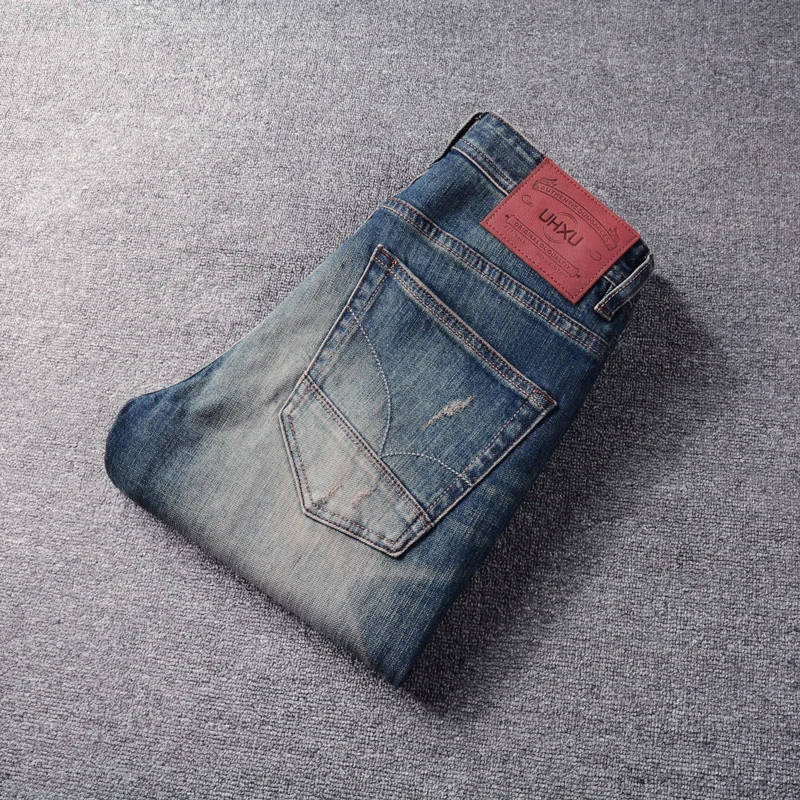 Italian Style Fashion Men Jeans Retro Blue High Quality Elastic Slim Fit Ripped Jeans Men Trousers Vintage Designer Pants Hombre