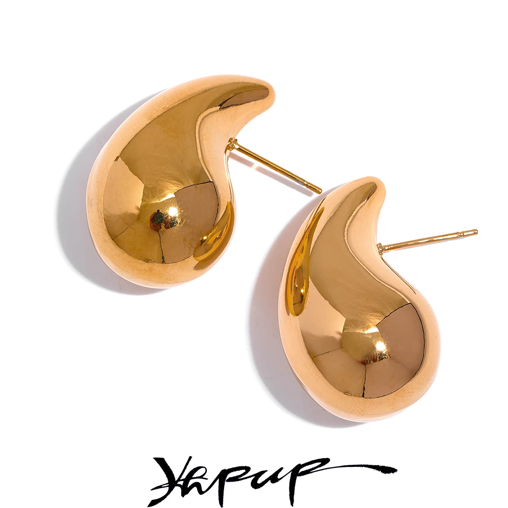 

Yhpup Waterproof Stainless Steel Chunky Water Drop Big Stud Earrings Statement Metal Texture 18K Gold Color Trendy Jewelry 2023