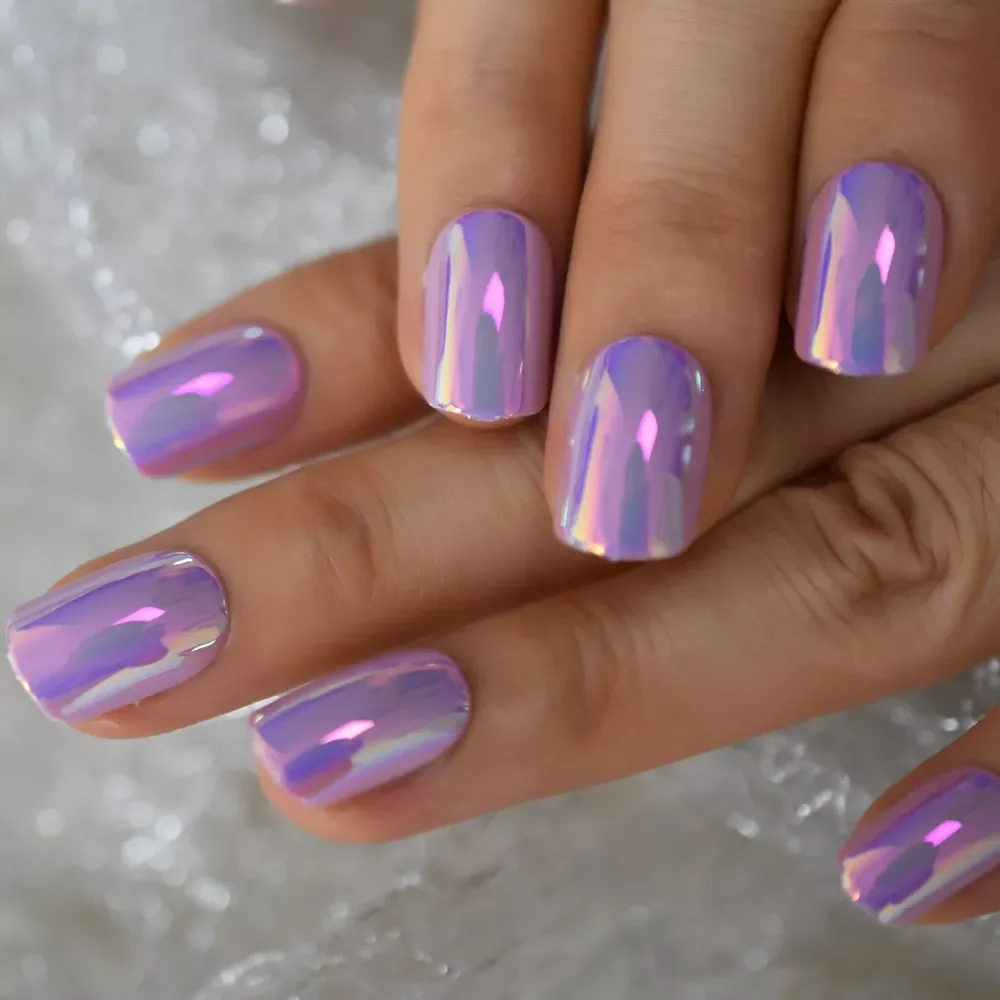 

NEW IN Nails Series Pink Purle Short Chrome Holographic Press On Nails Square Natural Shape Charming Manicure Tips 24