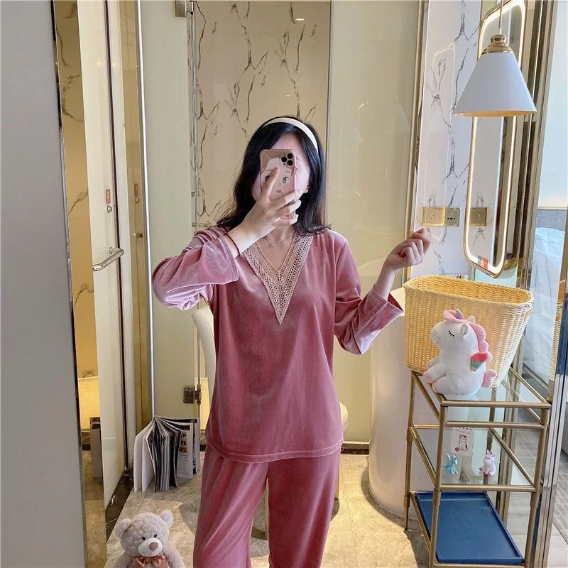 Velvet Pajamas Set Sexy Full Sleepwear For Women Pyjama Women's Polyester Autumn/Winter Fashion Soft V-Neck Homewear Plus Size