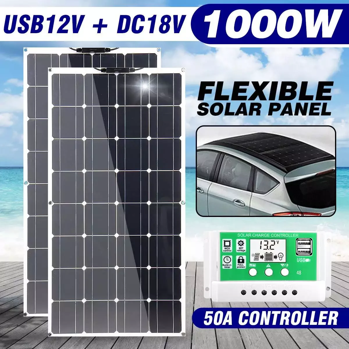 

500W 1000W Solar Panel Solar Cells Bank Pack Outdoor Battery Supply For Car RV Yacht Battery Boat Charger With 30A Controller