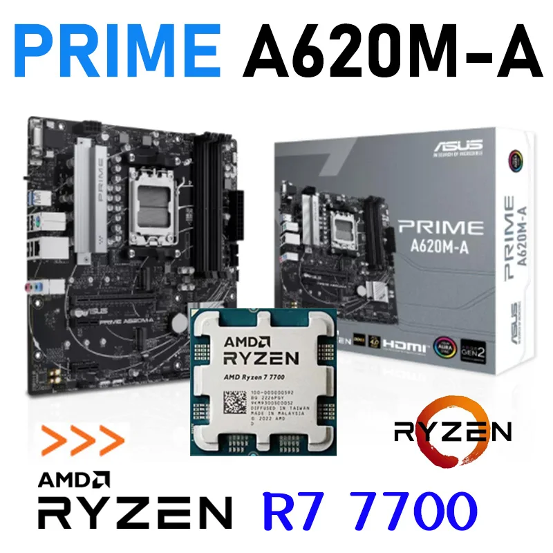 

Процессор AMD Ryzen 7 7700, комбинированный процессор с материнской платой ASUS PRIME A620M-A Socket AM5 128 ГБ M.2 DDR5 RAM для настольного компьютера AMD A620
