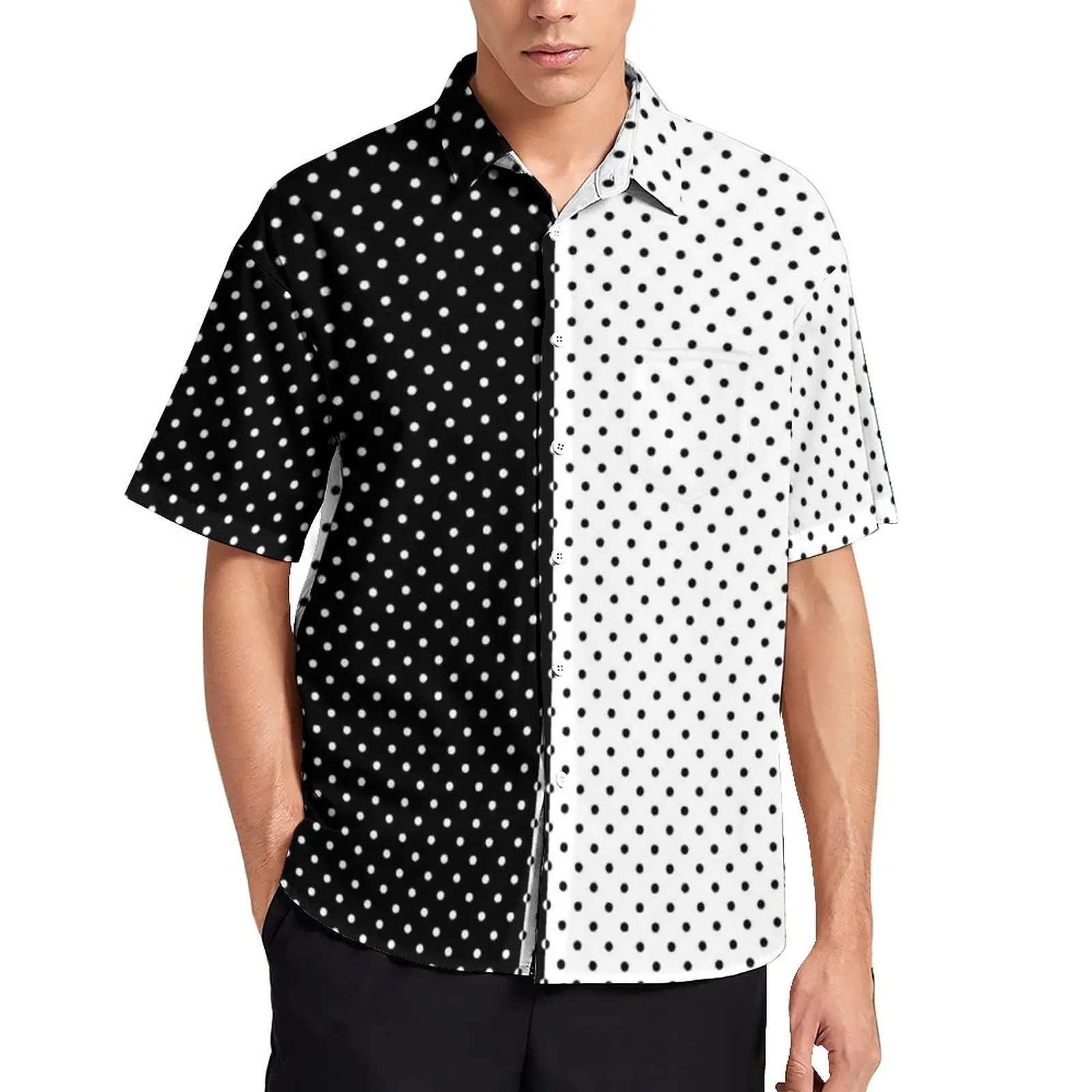 

Polka Dot Black And White Beach Shirt Two Tone Vintage Pattern Hawaiian Casual Shirts Stylish Blouses Short-Sleeve Custom Top
