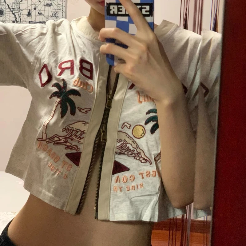 

Women's Short-sleeved Embroidered Zipper Short T-shirt Women's Short-sleeved Jacket American Retro Hot Girl Ins Top Summer New