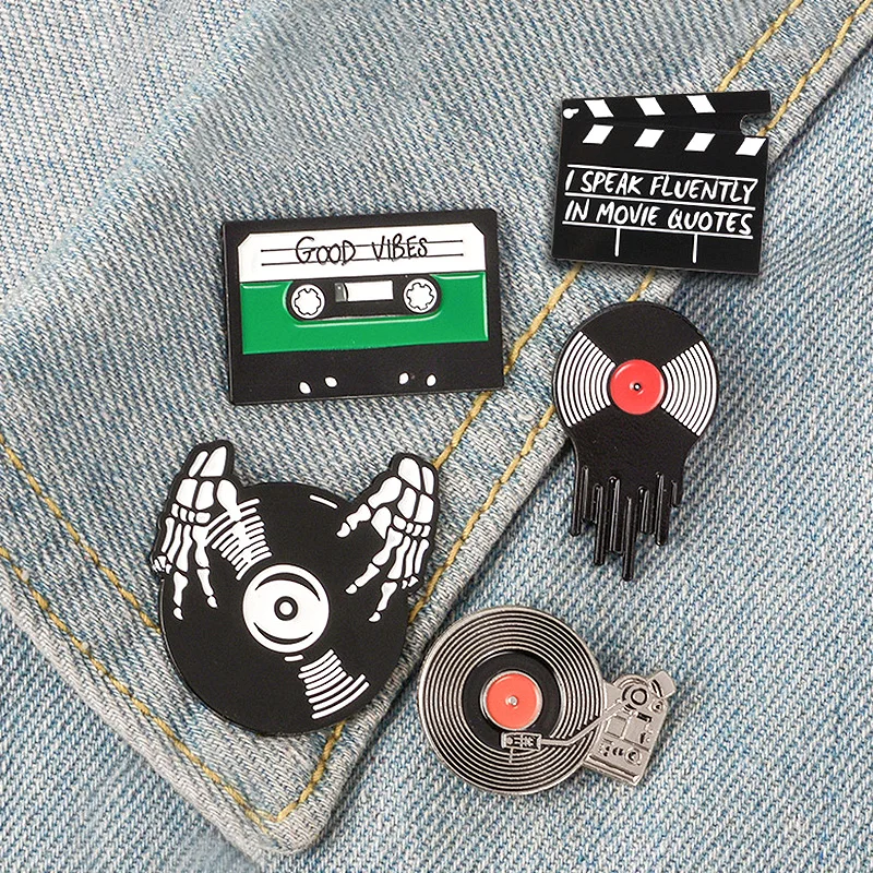 Punk Music Lovers Brooch Enamel Pin Good Vibes Tape DJ Vinyl Record Player Badge Brooches Gothic Jeans Shirt Decor Jewelry Gifts