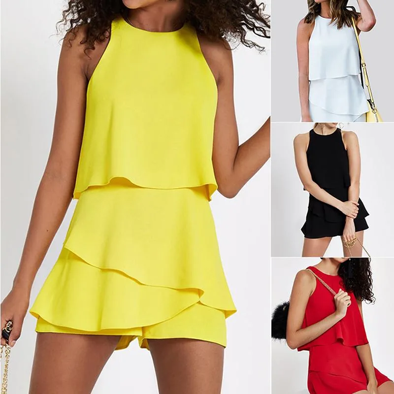 

Women Chiffon Solid Loose Palysuits Summer Chiffon Sleeveless Ladies High Street Overalls Ladies Jumpsuits