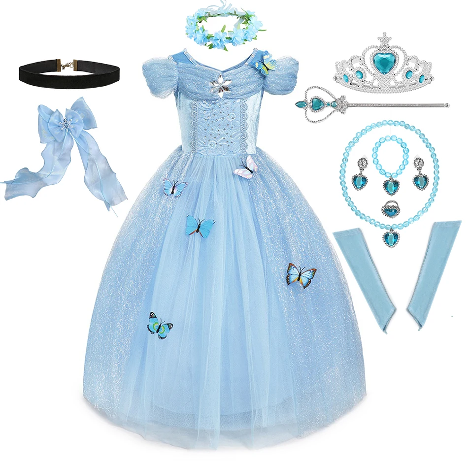 Cinderella Cosplay Costume Kids Clothes For Girls Dress Baby Girl Ball Gown Princess Dresses For Birthday Party Crown Gloves