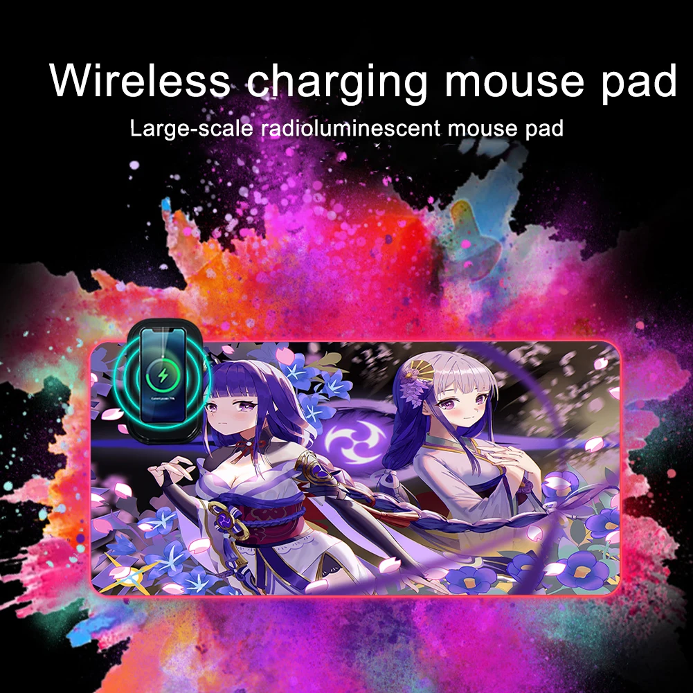 

Yelan RGB LED Mouse Pad Genshin Playmat Yae Miko Wireless Charging Carpet Raiden Ei Backlit Table Mat Xiao Gaming Accessories