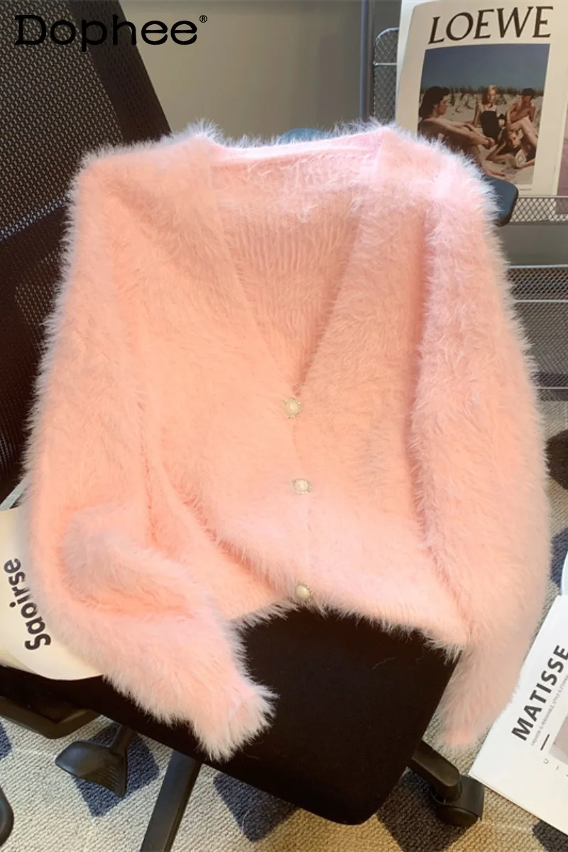 

French Style V-neck Loose Knitted Cardigan Coat Female Comfortable Soft Warm White Mink Sweaters Women Autumn and Winter Clothes