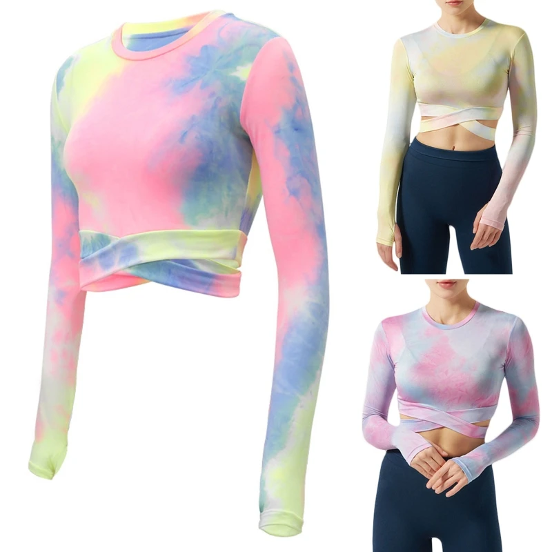 

Women Yoga Running Long Sleeve Crop Top Tummy Cross Fitted Gradient Colorful Shirts Gym Workout Fitness Cropped Slim Blouse Tee