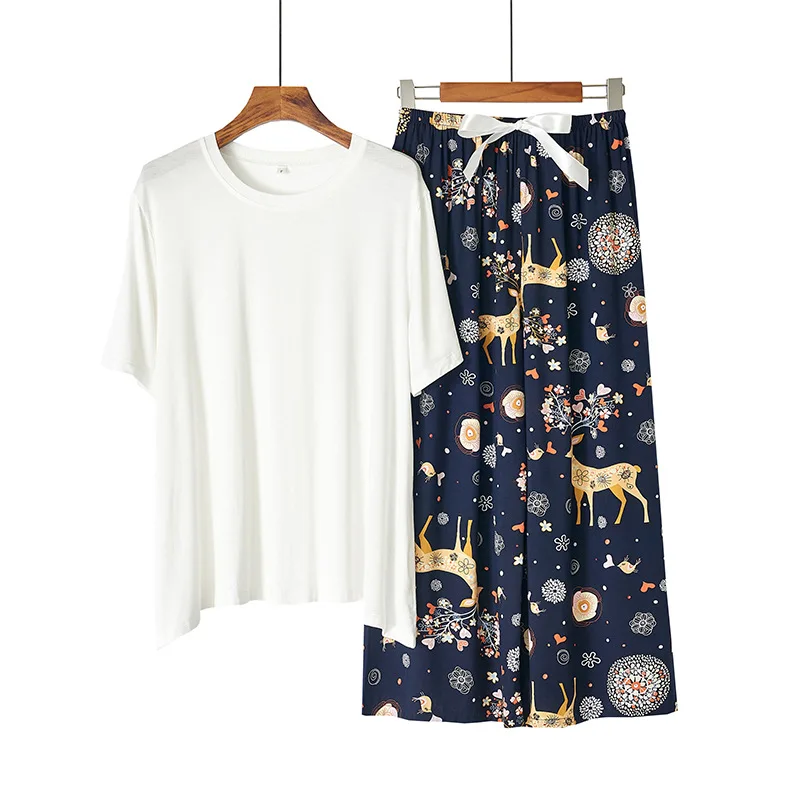 Leisure Japanese Style Summer Ladies Modal Cotton Pajamas Suit Simple Floral Pajamas Home Service Suit Women Two Piece Set