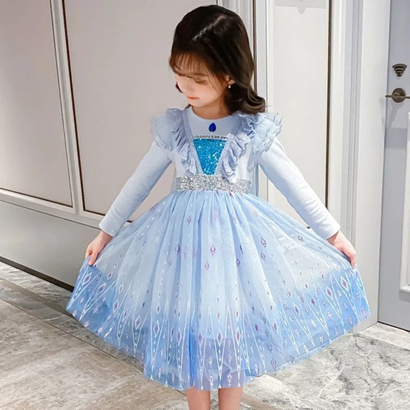 Elsa Princess Dress Girls Dress Spring and Autumn Dress Long-sleeved Children's Western Style Elsa Frozen Kids Dress cape 3-9Y