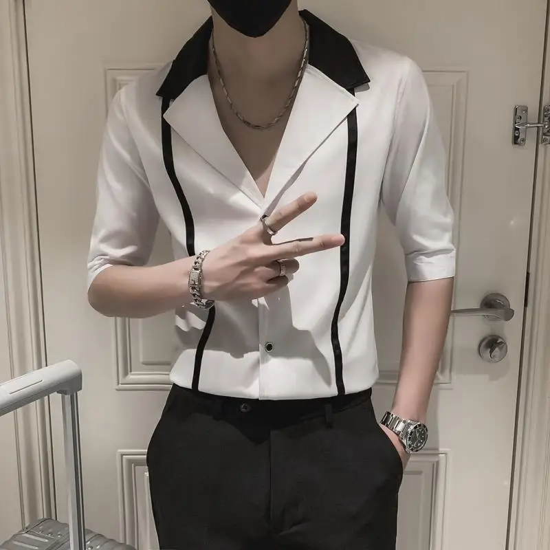 

Рубашка мужская однобортная с отложным воротником, повседневная одежда, контрастные цвета, рукав 3/4, весна-лето