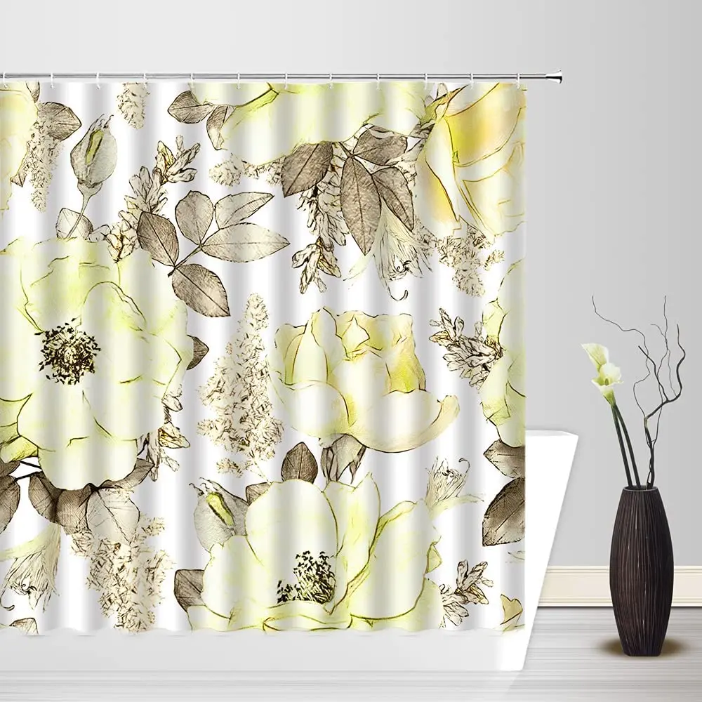 

Yellow Flower Shower Curtain Vintage Watercolor Floral Leaves Rustic Rose Blossom Plant Waterproof Fabric Bath Curtain with Hook