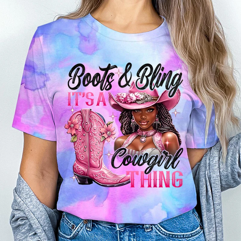 Фото Ретро-сапоги и Bling its a Cowgirl Thing Графическая футболка Модные повседневные футболки с короткими рукавами Футболки с принтом тай-дай Женская одежда №2