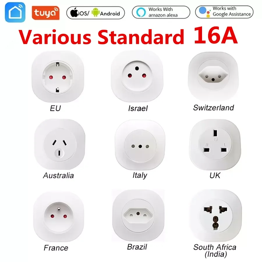 

WiFi Smart Plug 16A EU Brazil Israel Tuya Wireless Remote Voice Control Power Monitor Outlet Timer Socket for Alexa Google Home