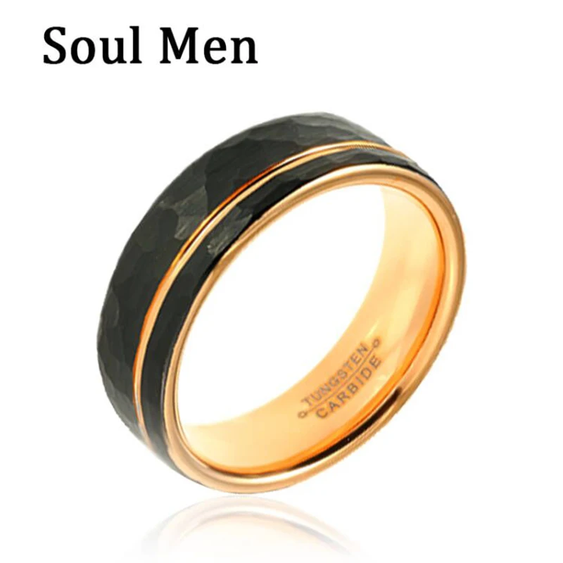 

8MM Mens Black And Gold Tungsten Carbide Ring Hammer Comfort Fit Multi-Faceted Men Engagement Ring Fashion Men Anniversary Gifts