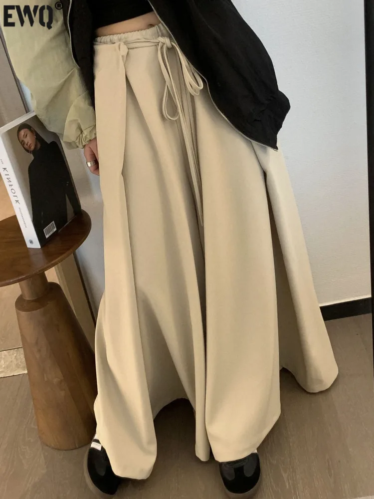 

Женские широкие брюки с поясом [EWQ], черные однотонные брюки с высокой талией и разрезом, свободного покроя, 16O02412, осень 2023