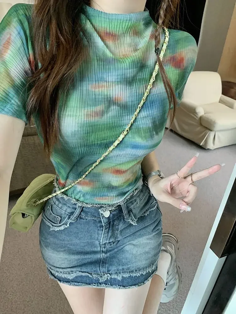 Полуводолазка с коротким рукавом Tie Dye Green Gradient Тонкая эластичная сетчатая