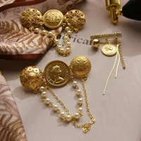 luxurious gold color coin pearl tassel brooch with diamond french retro queen crown brooches