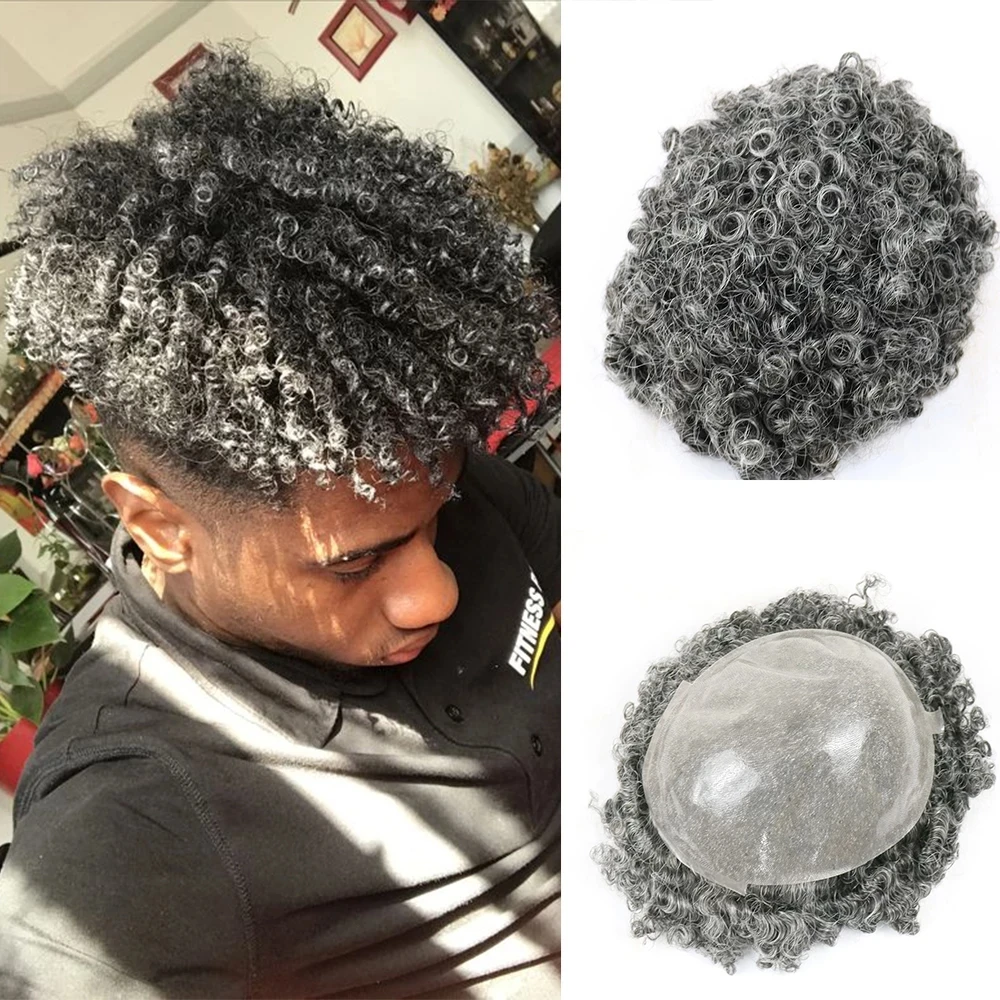 

Grey #1B65 African American 15MM Curly Wigs PU Base Mens Hairpiece 120% Medium Density Afro Tight Curly 100% Human Hair Toupee