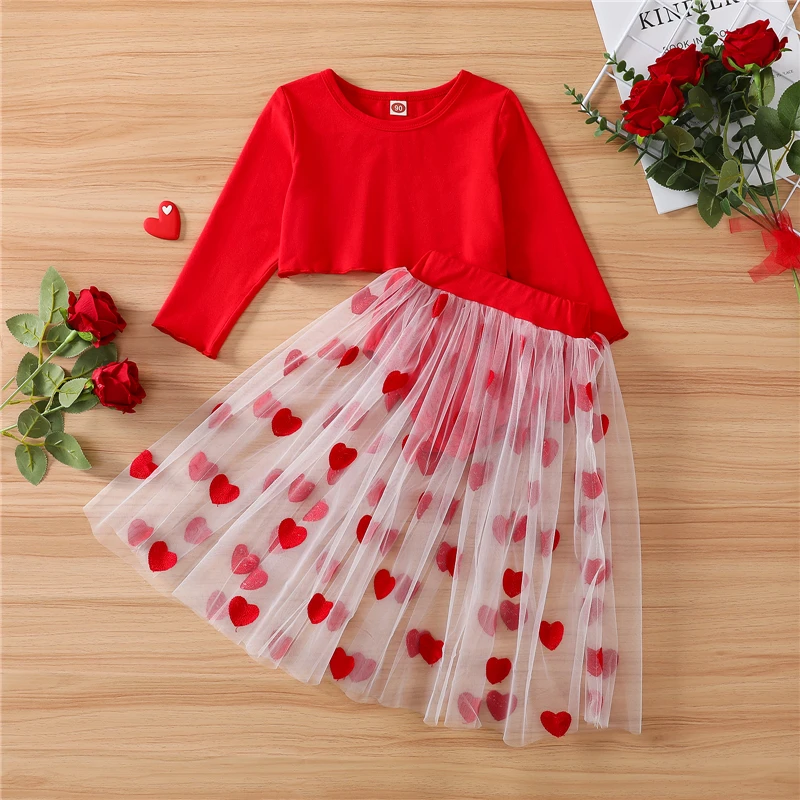 

Детский костюм для девочек на День Св. Валентина, однотонные укороченные топы с длинными рукавами, прозрачное Сетчатое платье с сердечками ...