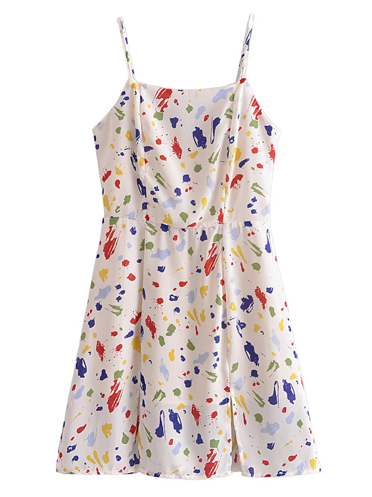 

YENKYE Summer Women Multicolor Spots Sexy Slits Sling Dress Fashion 2022 A-line Female Chiffon Dress Short Vestido