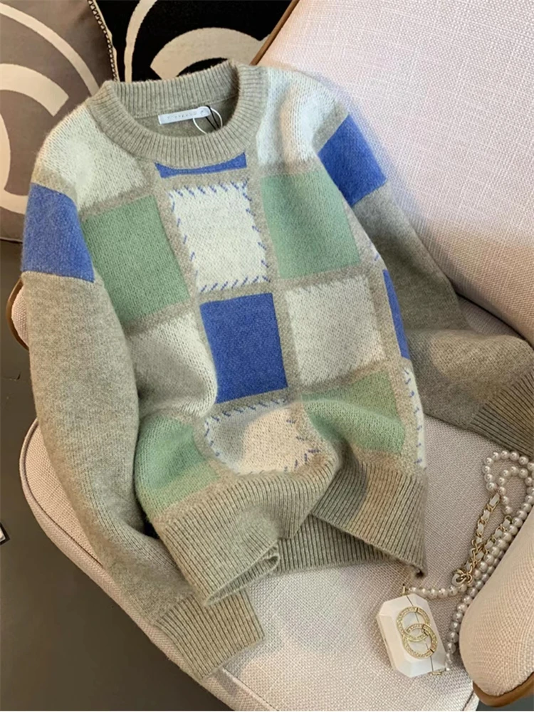 Контрастный клетчатый вязаный свитер женский осенне-зимний новый ретро