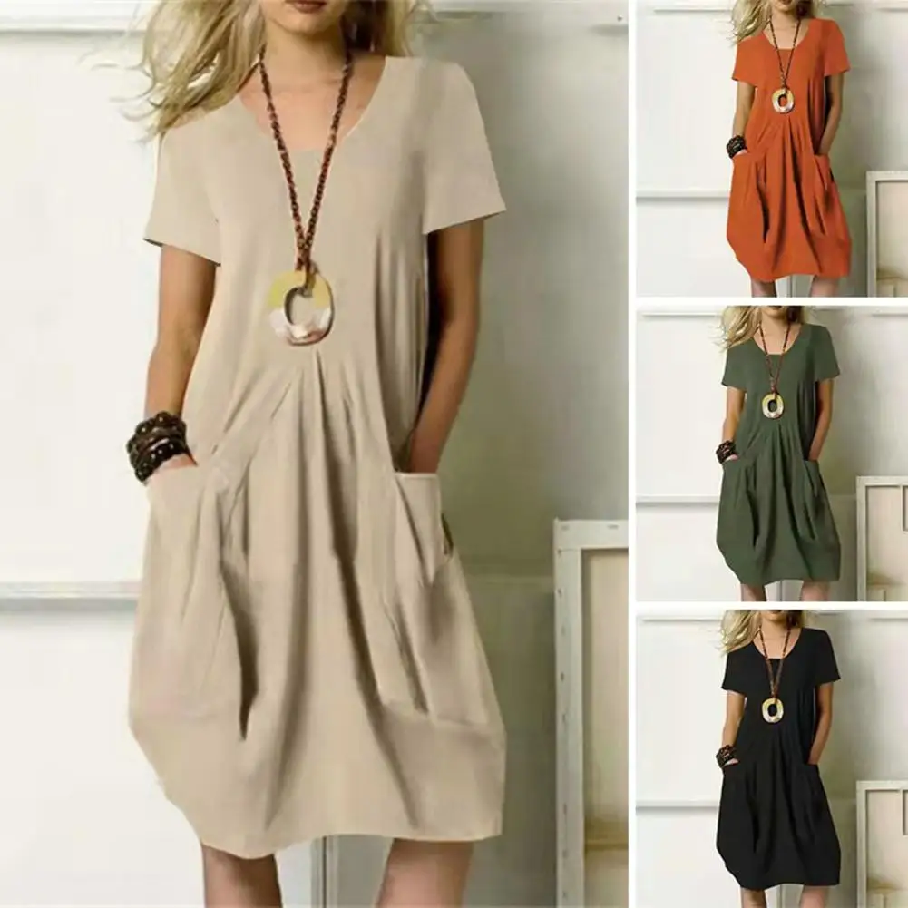 Korea Fashion Casual Women's Cotton Linen Solid Color Loose Dress Vintage Dress Dress for Women Summer Dress Dresses