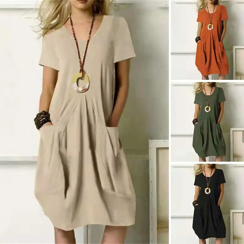 

Korea Fashion Casual Women's Cotton Linen Solid Color Loose Dress Vintage Dress Dress for Women Summer Dress Dresses