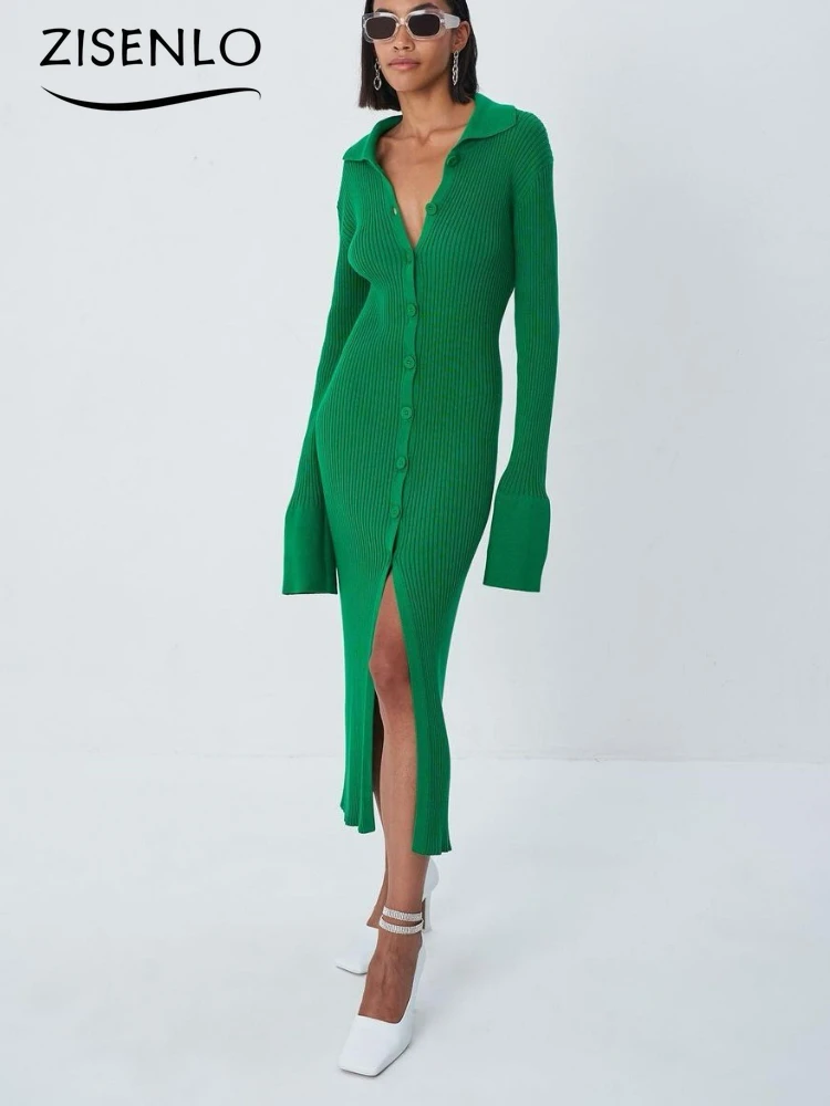 

2022 Spring & Autumn Women's New Long Sleeve V-Neck Long Button Flare Sleeve Sweater Dress Bodycon Dress Willon Green Dress