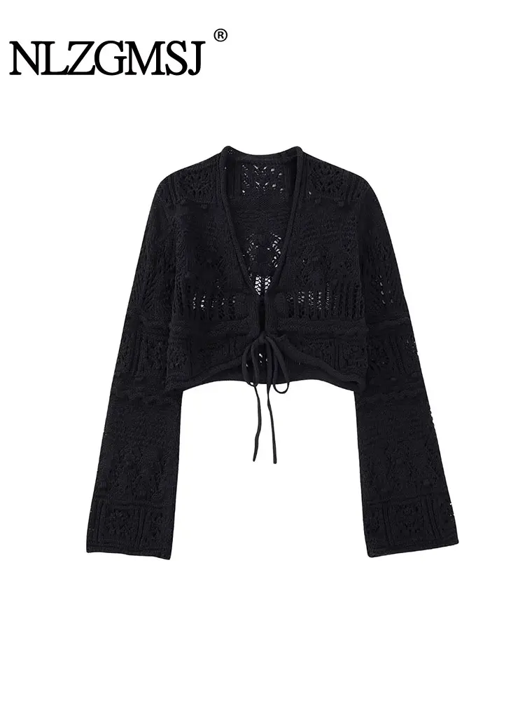 

Nlzgmsj TRAF - 2023 Autumn Women Cardigan Sweater Hollow Out Knitted Wrist Sleeve Lace-Up Slim V Neck Female Crop Top Y2K