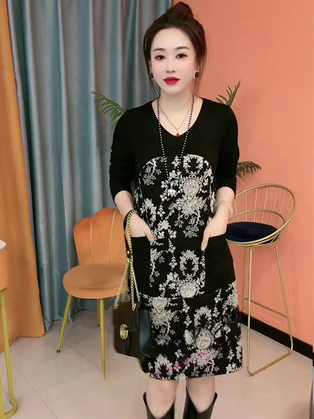 Элегантное цветное лоскутное платье в стиле ретро женская весенне-осенняя