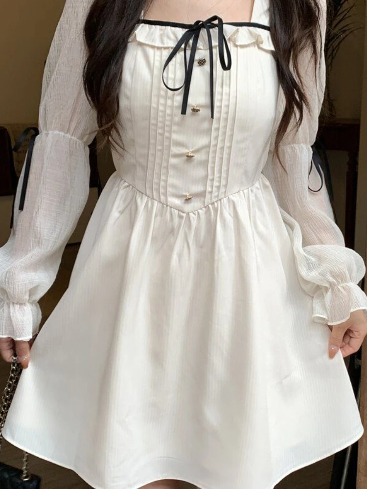 

QWEEK Sweet White Lolita Dress Women Vintage Elegant Bandage Wrap Fairy Princess Short Dresses Party 2022 Autumn Mori Soft Girls