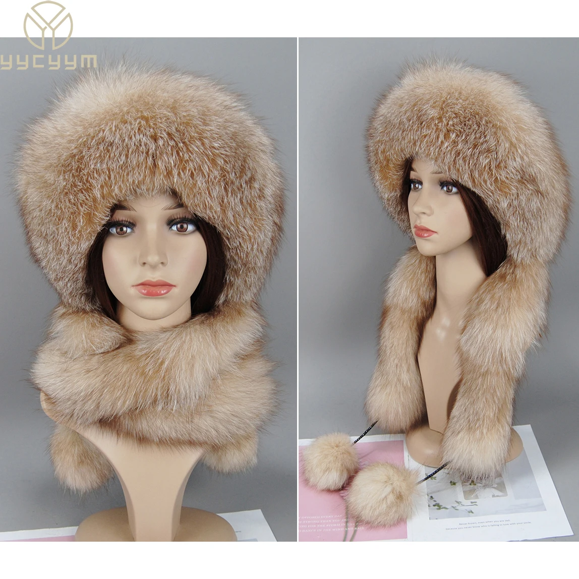 Women Winter Ushanka Hats Bomber Russian Woman Fluffy Trapper Natural Fox Fur Warm Round Ladies Fur Hat Scarf Set