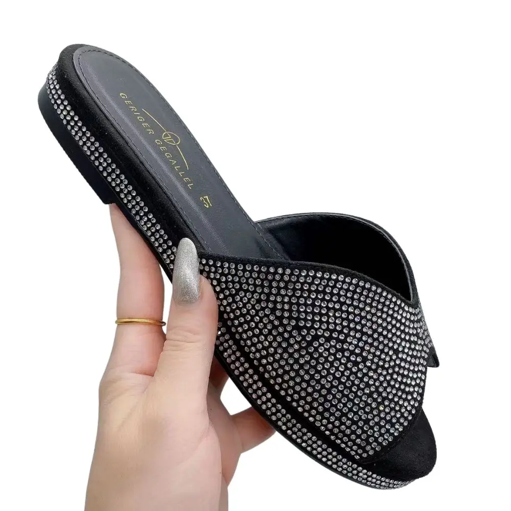 Blue Bling Bling Slides for Women 2023 New Classic Design Sandals Italian Style Lady Shoes Low Heel Summer Mules Comfy Sandals